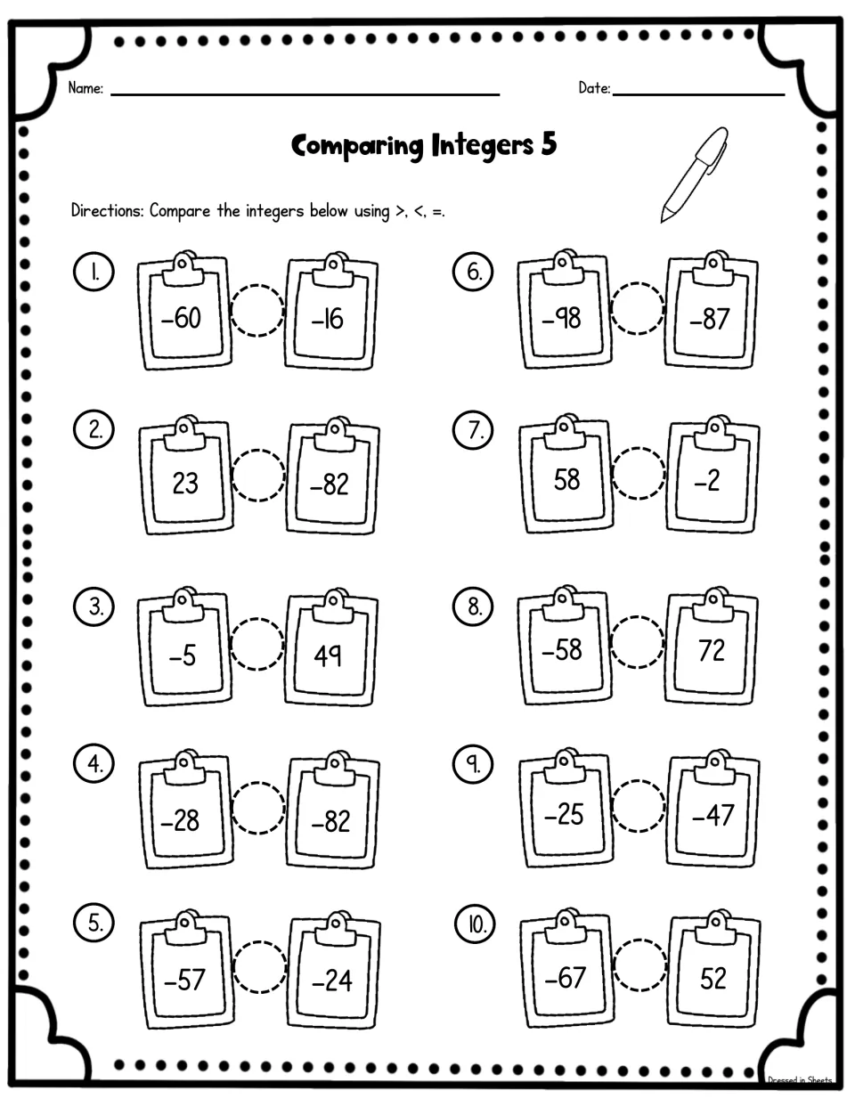 Integer comparison sheet 5: students compare 10 pairs on clipboards, like -60 and -16 or 23 and -82, with >, < or =