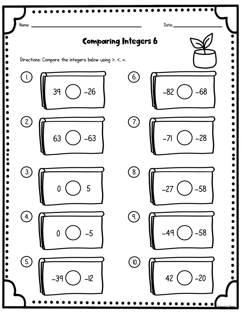 Integer comparison sheet 6: students write >, < or = for 10 pairs, including 0 against 5 and -5 and 63 against -63