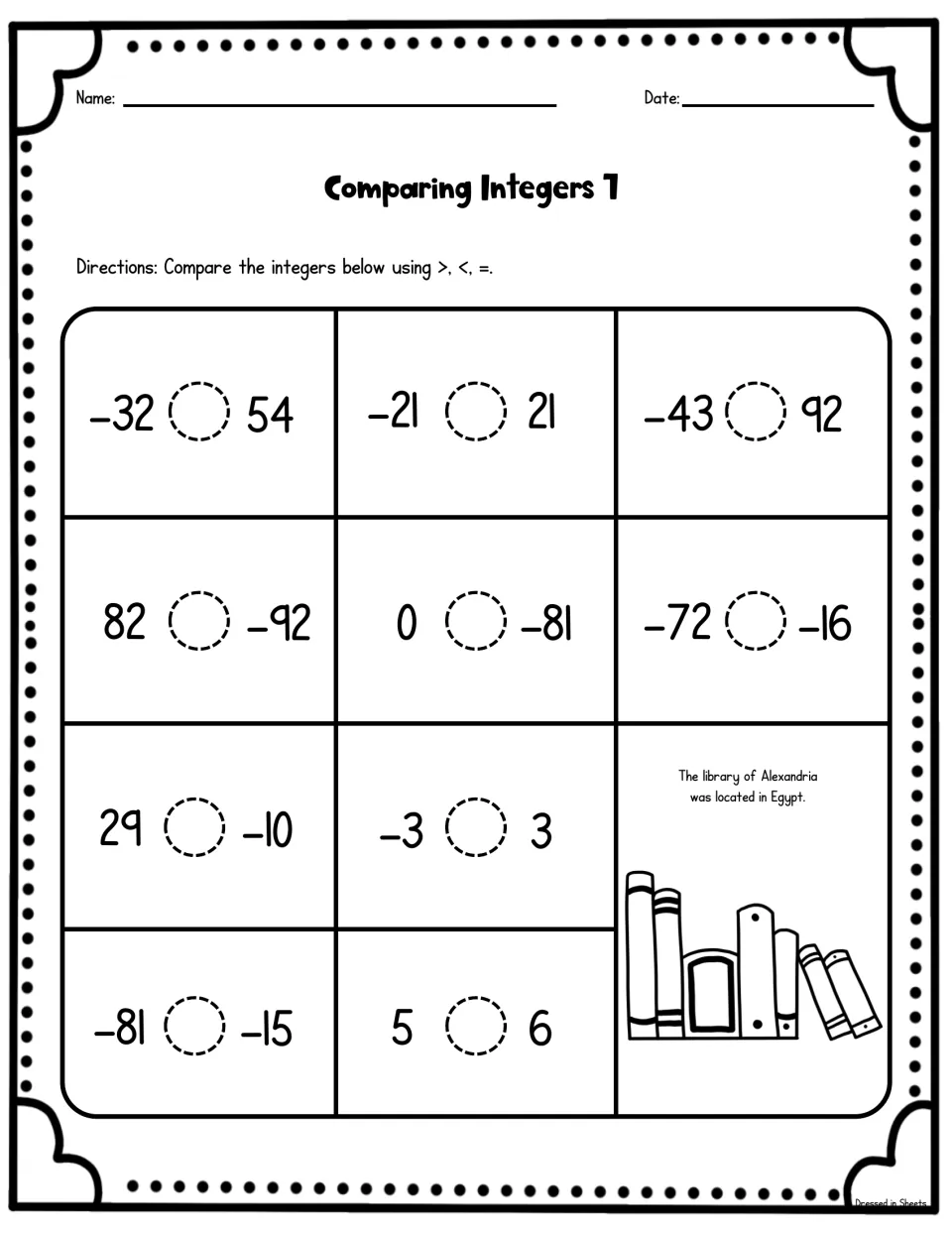 Integer comparison sheet 7: students compare 11 integer pairs with >, < or =, including opposites -21 and 21 and -3 and 3