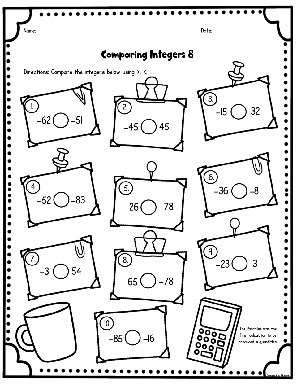 Integer comparison sheet 8: students compare 10 pairs on pinned notes, like -62 and -51 or 65 and -78, using >, < or =