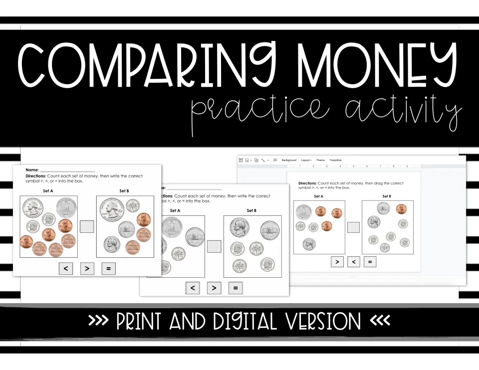 Comparing Money practice activity cover showing coin sets A and B with <, > and = choices, in print and digital versions