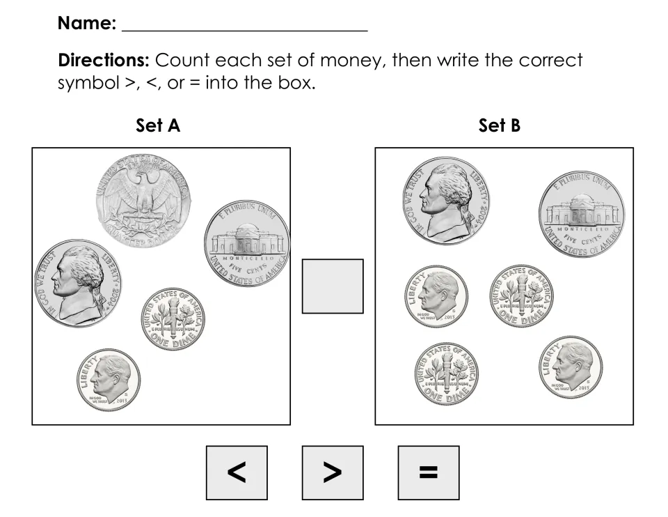 Coin values: students total a quarter, nickels and dimes in Set A versus nickels and dimes in Set B, then pick >, <, =