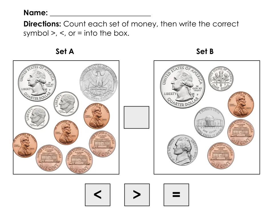 Money comparison: students count two quarters, two dimes and six pennies in Set A against Set B and choose >, < or =
