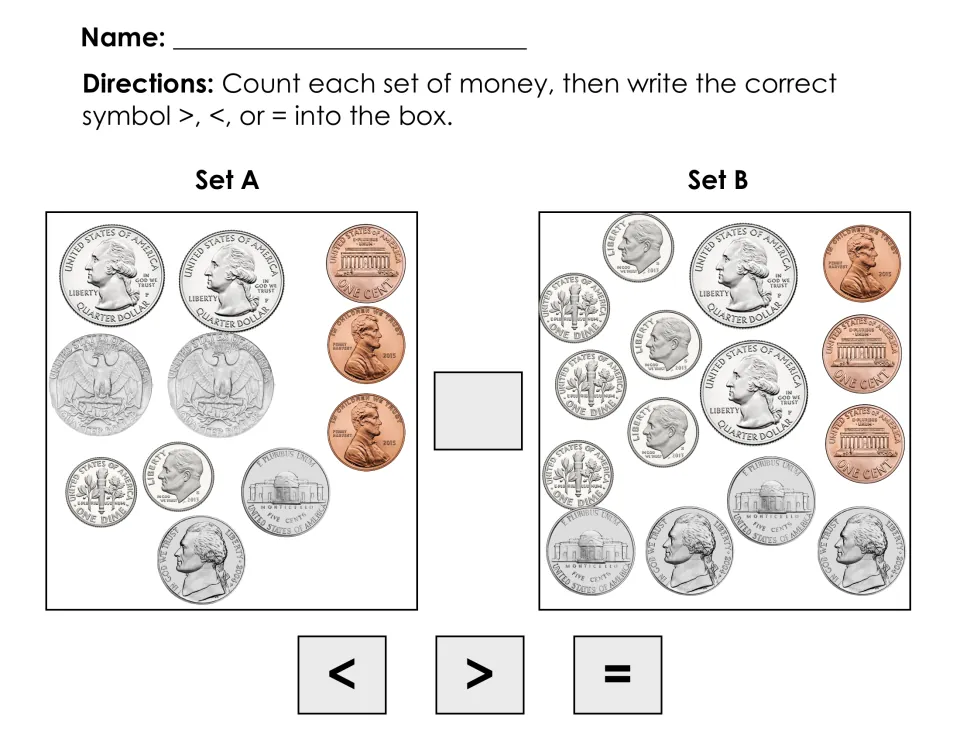 Comparing large coin sets: students weigh four quarters, dimes, nickels and pennies in Set A against a crowded Set B