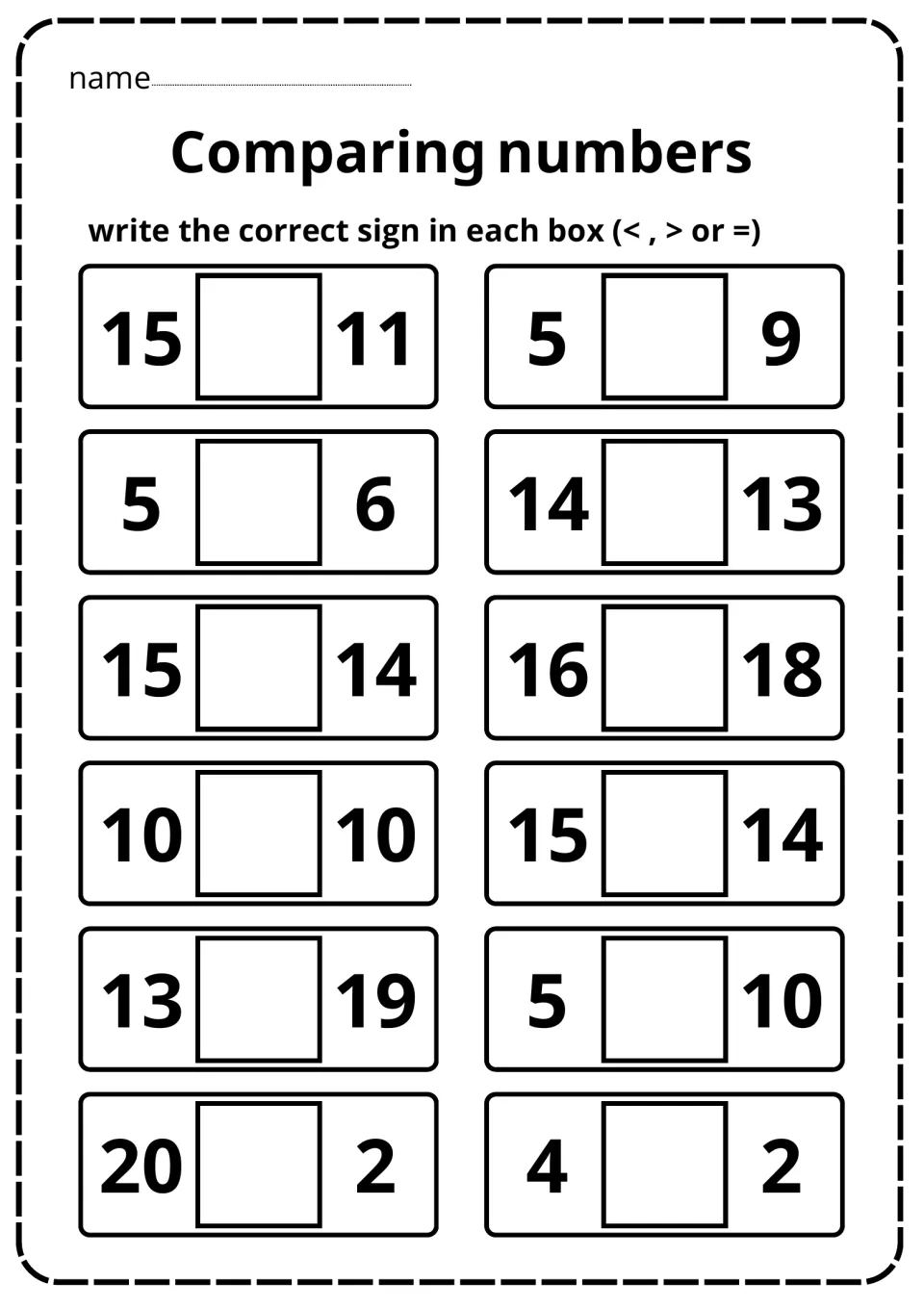 Comparing numbers: students write <, > or = between 12 number pairs up to 20, from 15 and 11 to 4 and 2