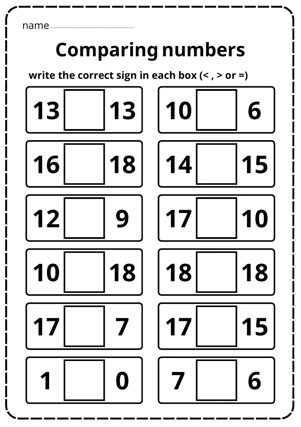 Comparing numbers 0 to 18: students write <, > or = for 12 pairs such as 13 and 13, 16 and 18, and 1 and 0