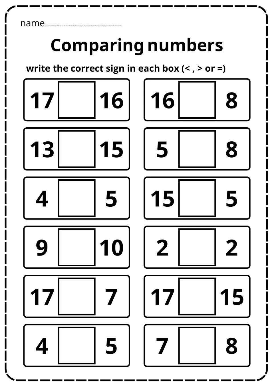 Comparing numbers: students fill in <, > or = for 12 pairs, including 17 and 16, 9 and 10, and the equal pair 2 and 2
