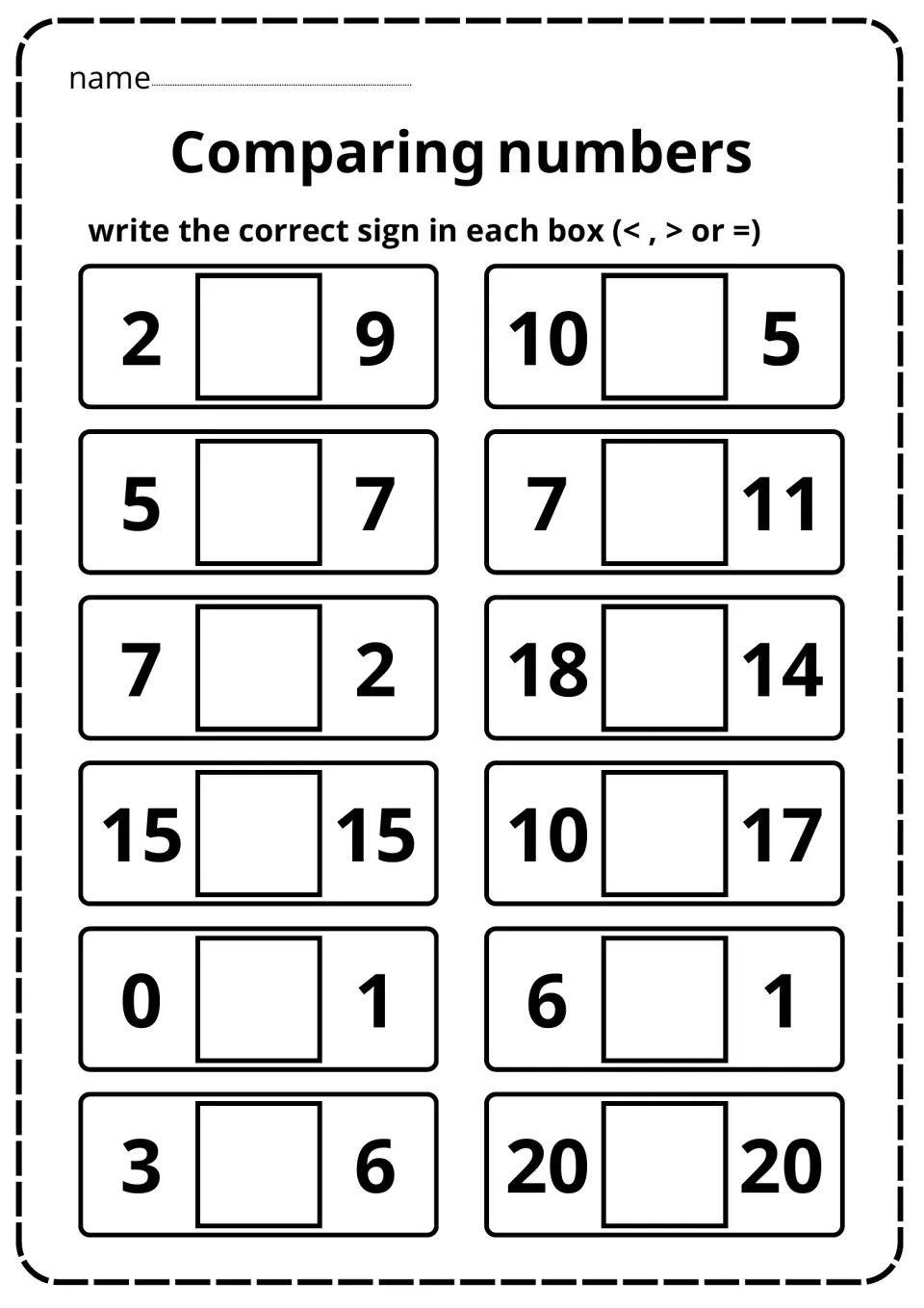 Comparing numbers 0 to 20: students choose <, > or = for 12 pairs, such as 2 and 9, 0 and 1, and 20 and 20