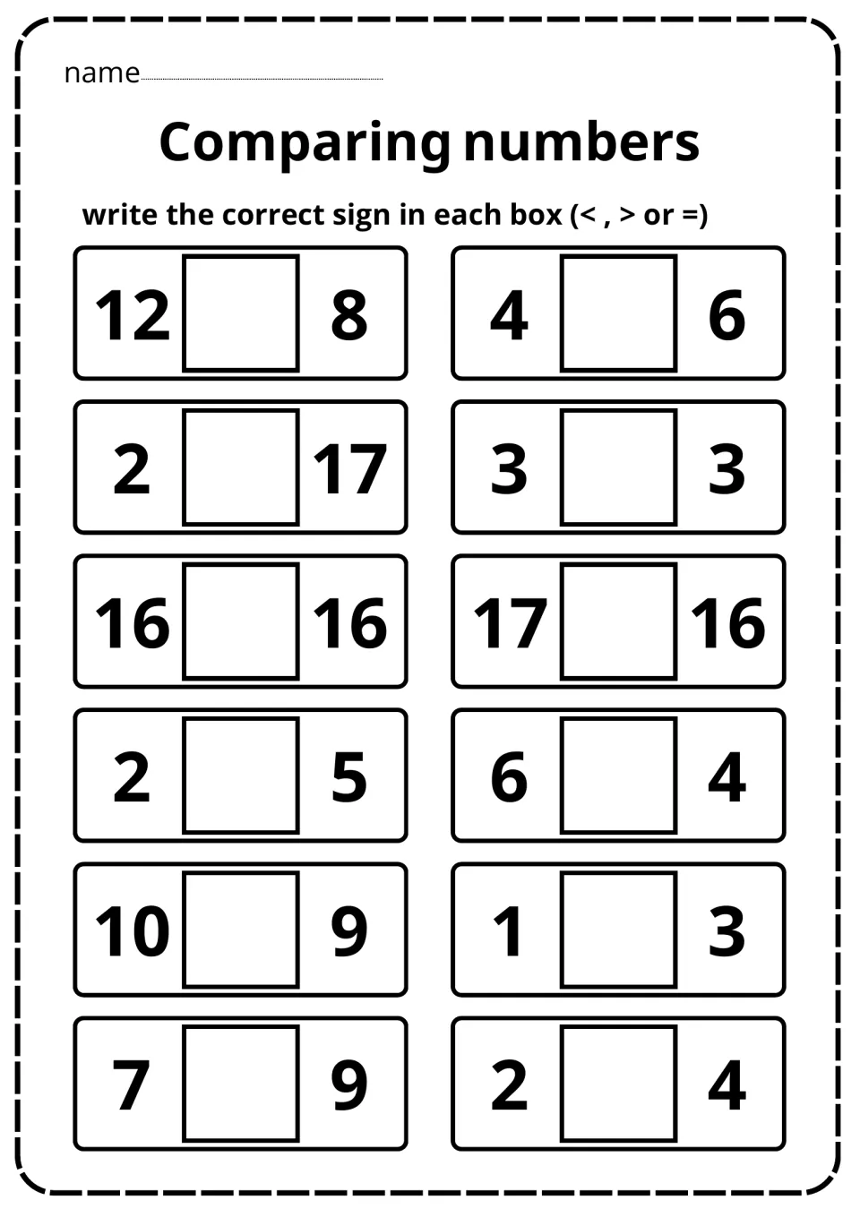 Comparing numbers: students write <, > or = for 12 pairs such as 12 and 8, 2 and 17, 3 and 3, and 16 and 16