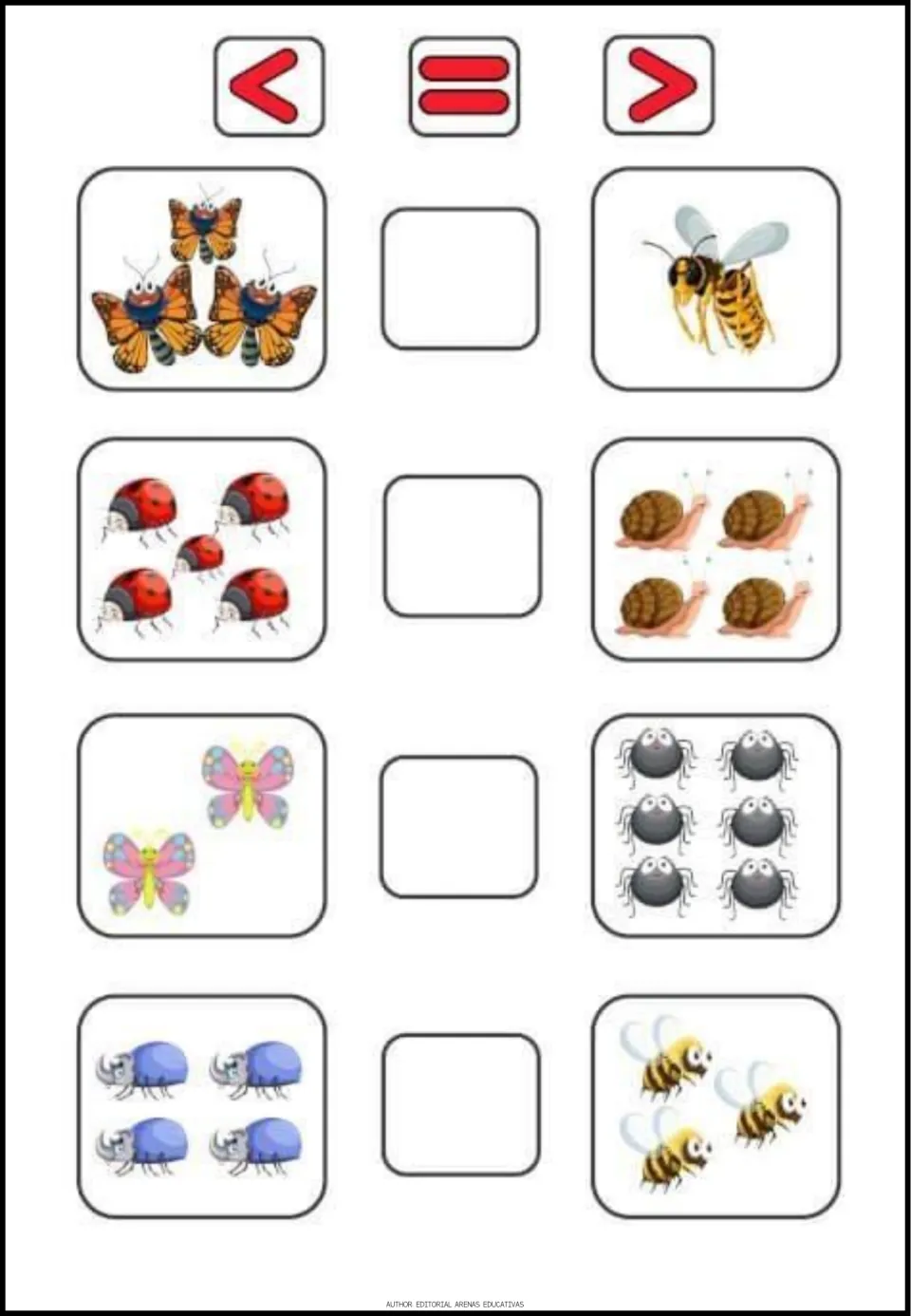 Picture comparison worksheet 1: count insect groups and choose <, =, or > for 3 vs. 1, 5 vs. 4, 2 vs. 6, 4 vs. 3
