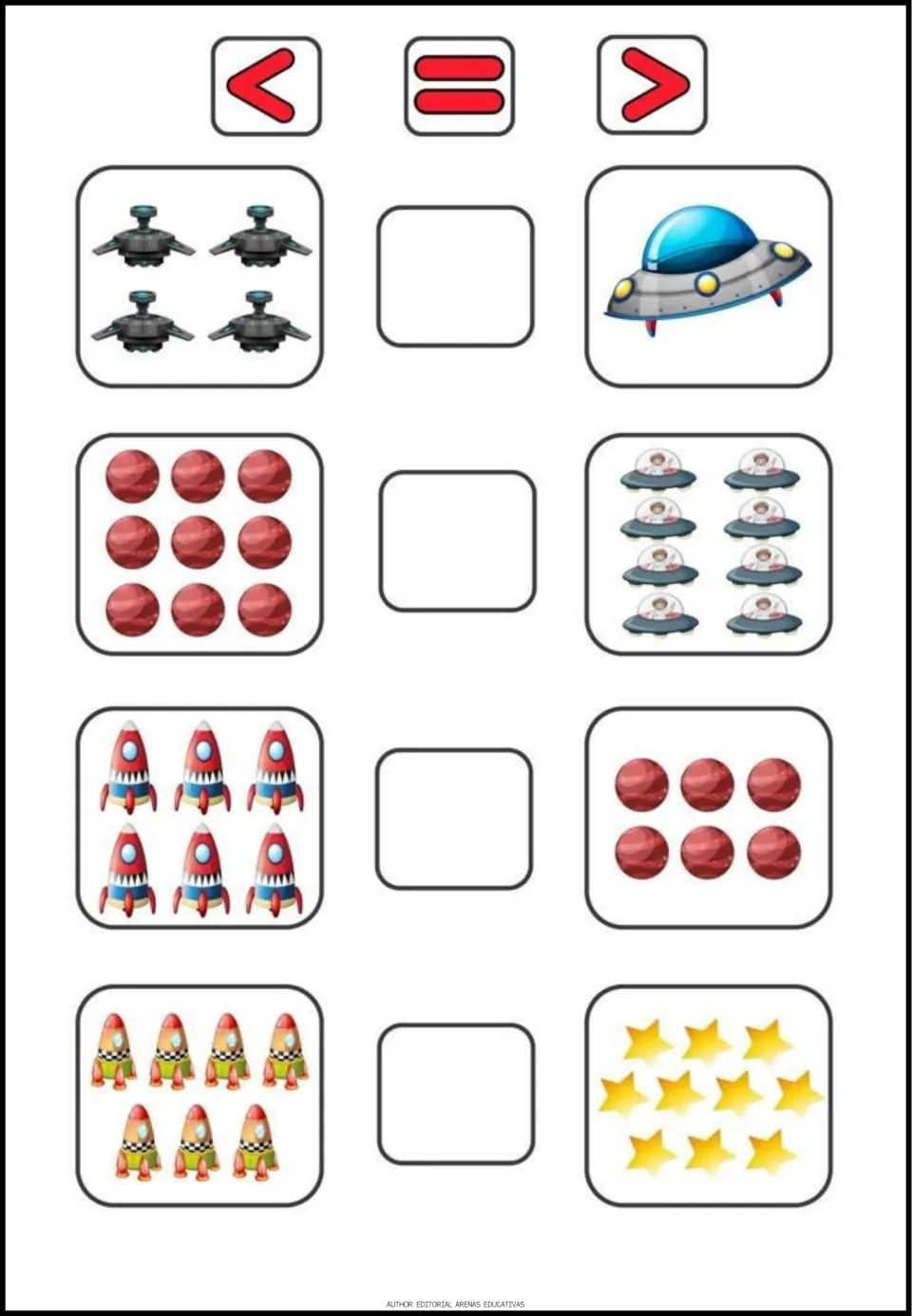 Picture comparison worksheet 2: compare space objects using <, =, or > for 4 vs. 1, 9 vs. 8, 6 vs. 6, 7 vs. 10