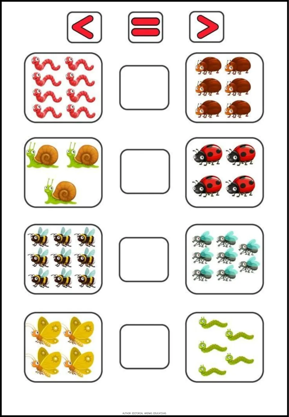 Picture comparison worksheet 4: compare bug groups using <, =, or > for 8 vs. 6, 3 vs. 4, 9 vs. 8, 4 vs. 5