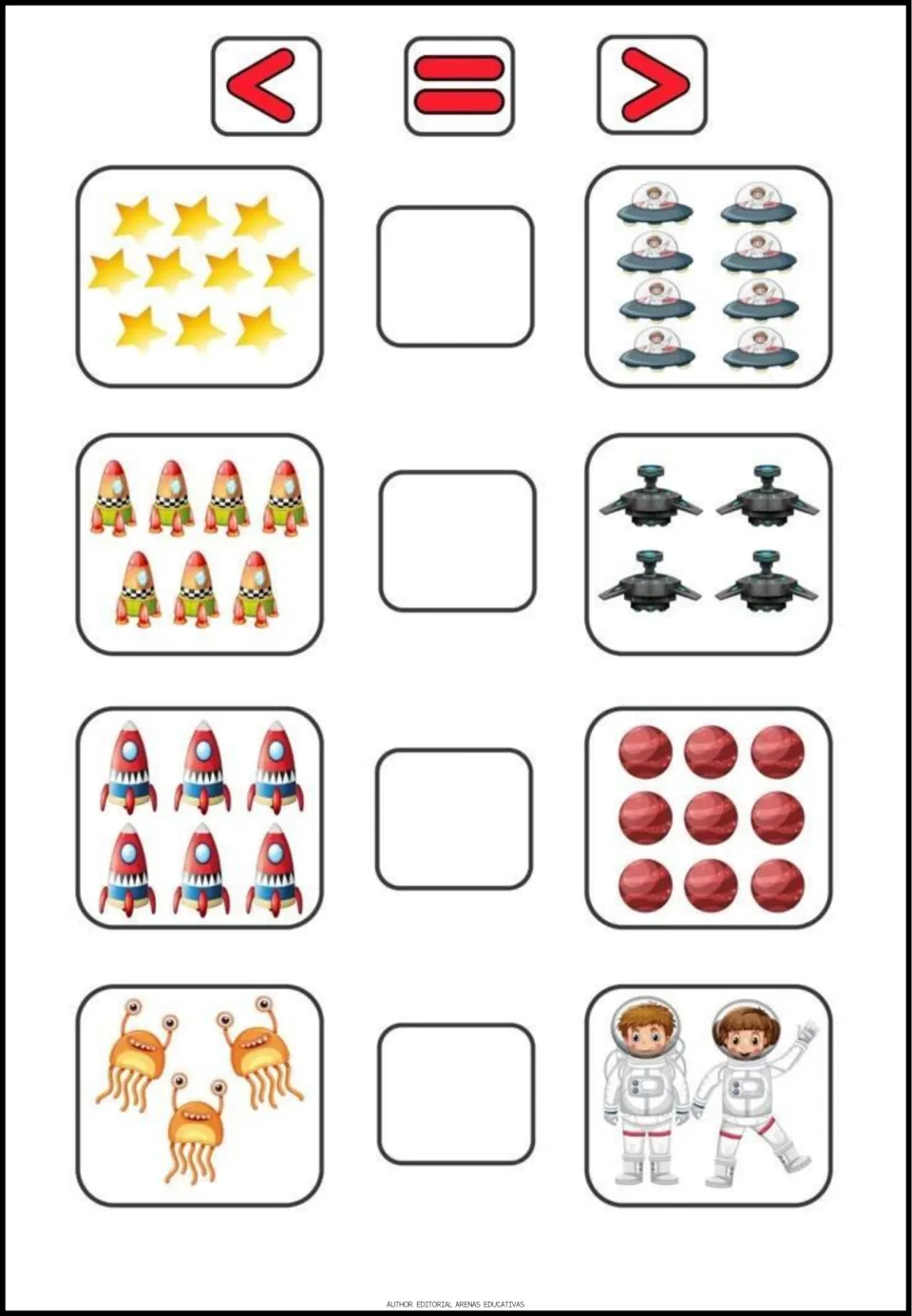 Picture comparison worksheet 5: compare space groups using <, =, or > for 10 vs. 8, 7 vs. 4, 6 vs. 9, 3 vs. 2