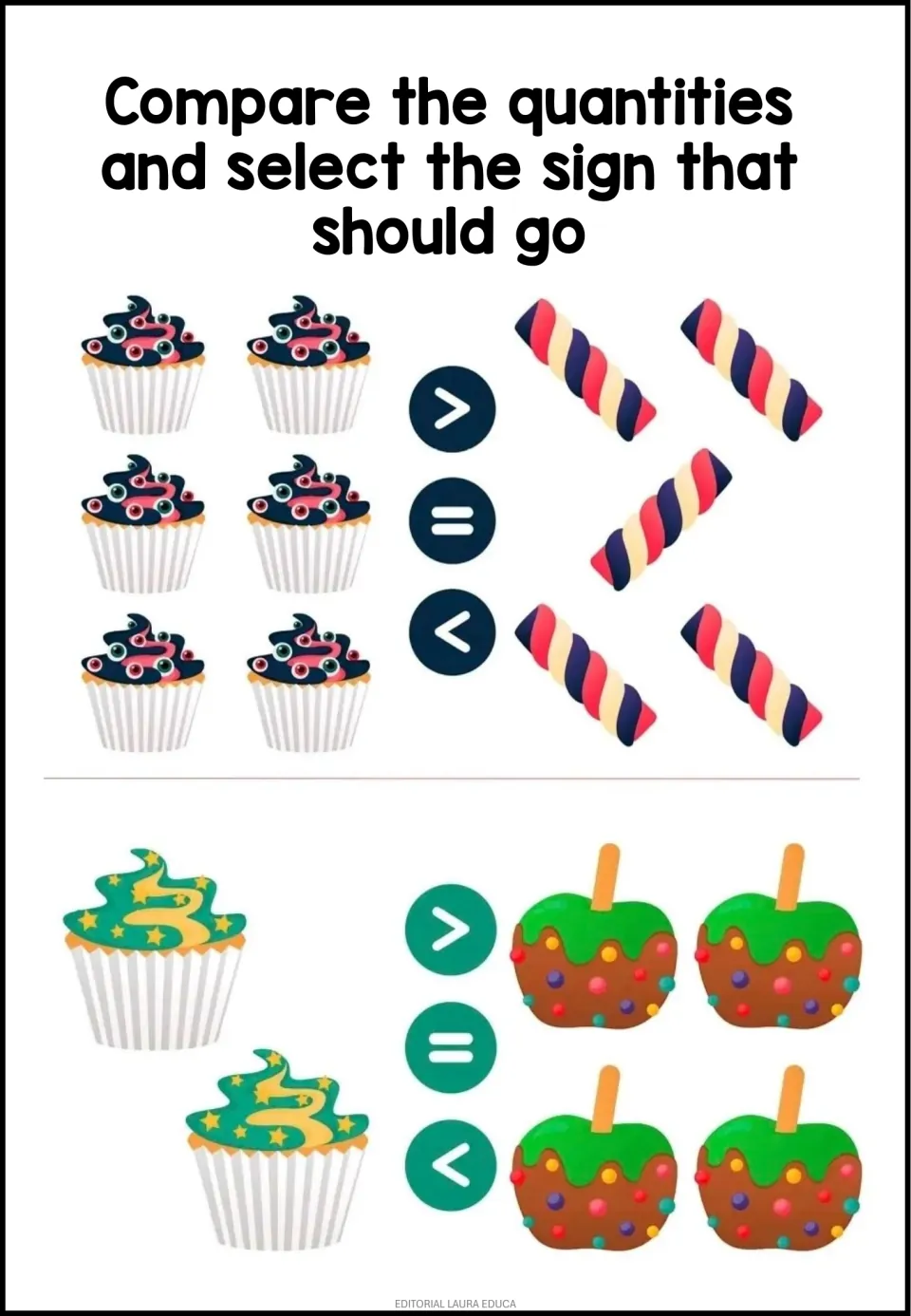 Comparing sets of treats: students choose >, = or < for 6 cupcakes vs 5 candy twists and 2 cupcakes vs 4 candy apples