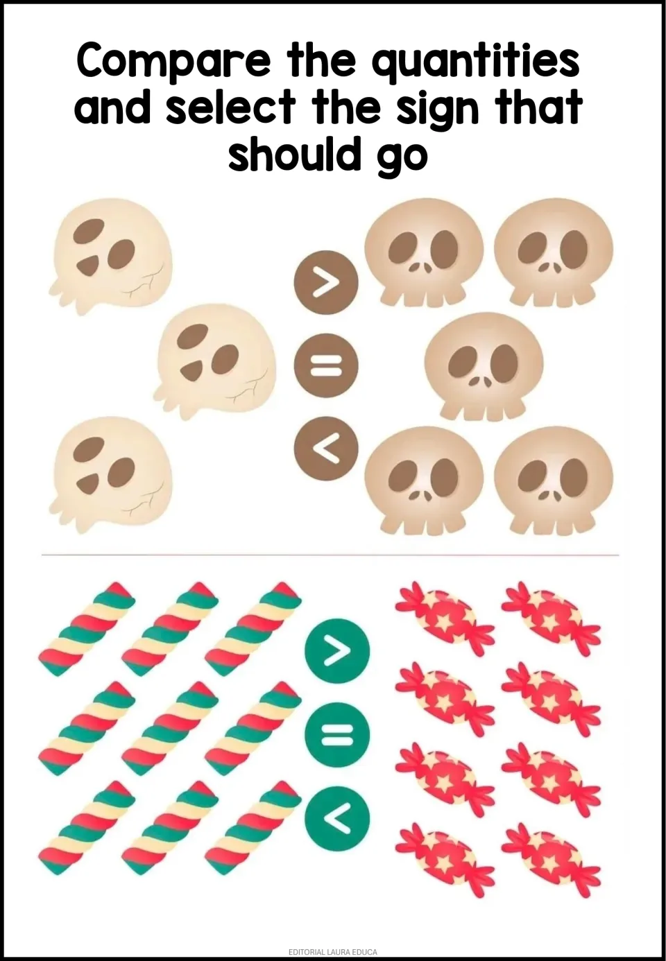 Greater than, less than, equal: students compare 3 skulls with 5 skulls and 9 candy twists with 8 wrapped candies
