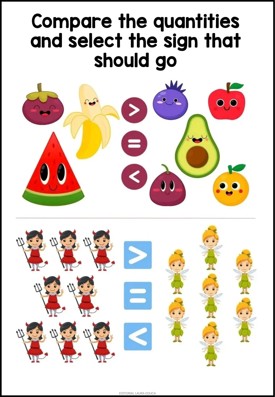 Comparing groups: students select >, = or < for 3 fruits vs 5 fruits, then 8 devil costumes vs 7 fairy costumes