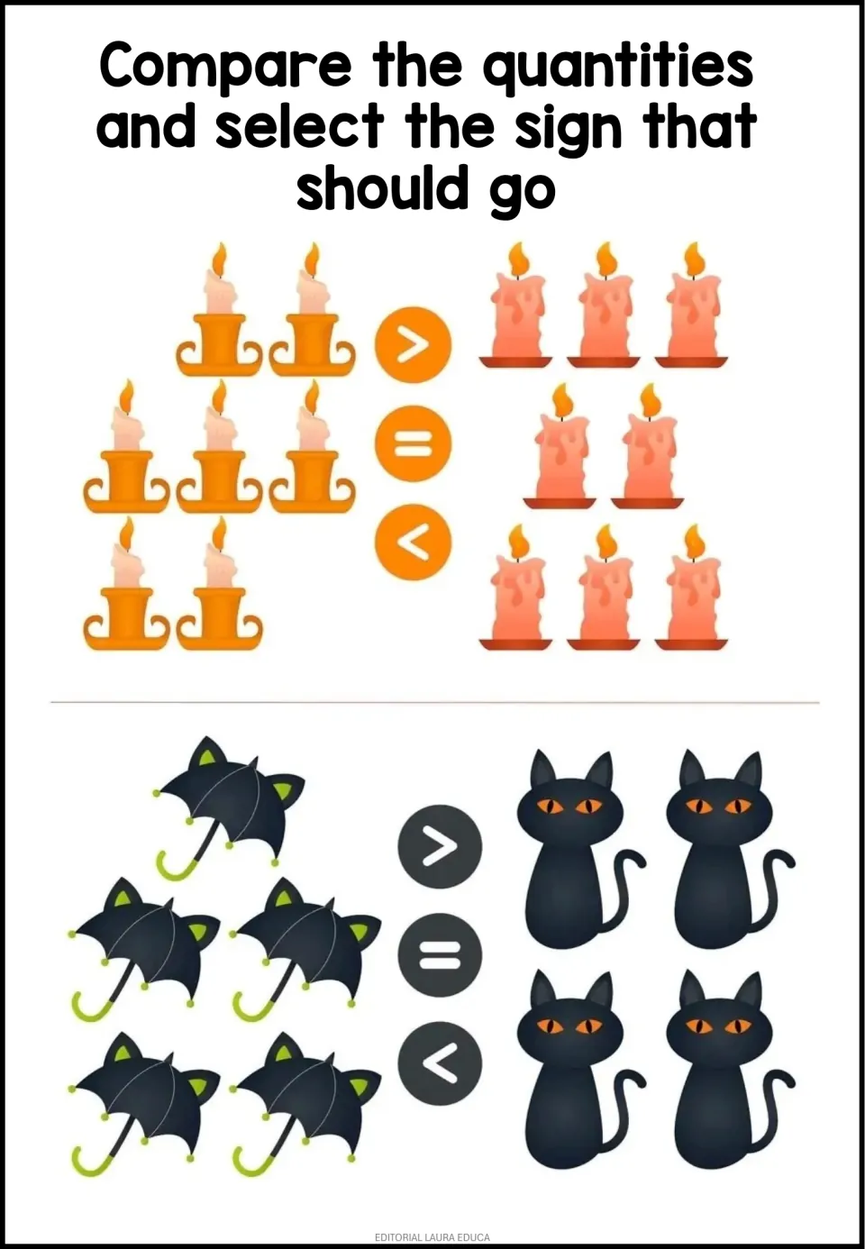 Quantity comparison: students pick the sign for 7 candles in holders vs 8 dripping candles and 5 cat umbrellas vs 4 cats
