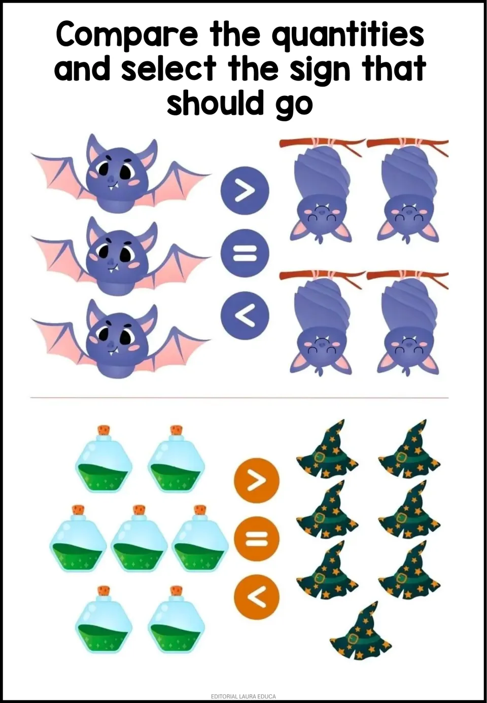 Comparing amounts: students choose >, = or < for 3 flying bats vs 4 hanging bats and 7 potion bottles vs 7 witch hats
