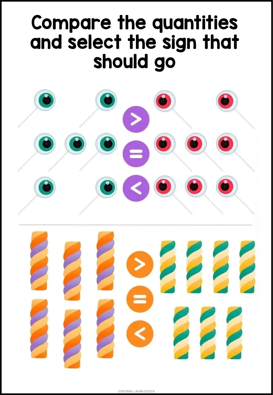 Comparing counts: students select a sign for 7 green eyeballs vs 8 red eyeballs and 6 orange twists vs 7 green twists