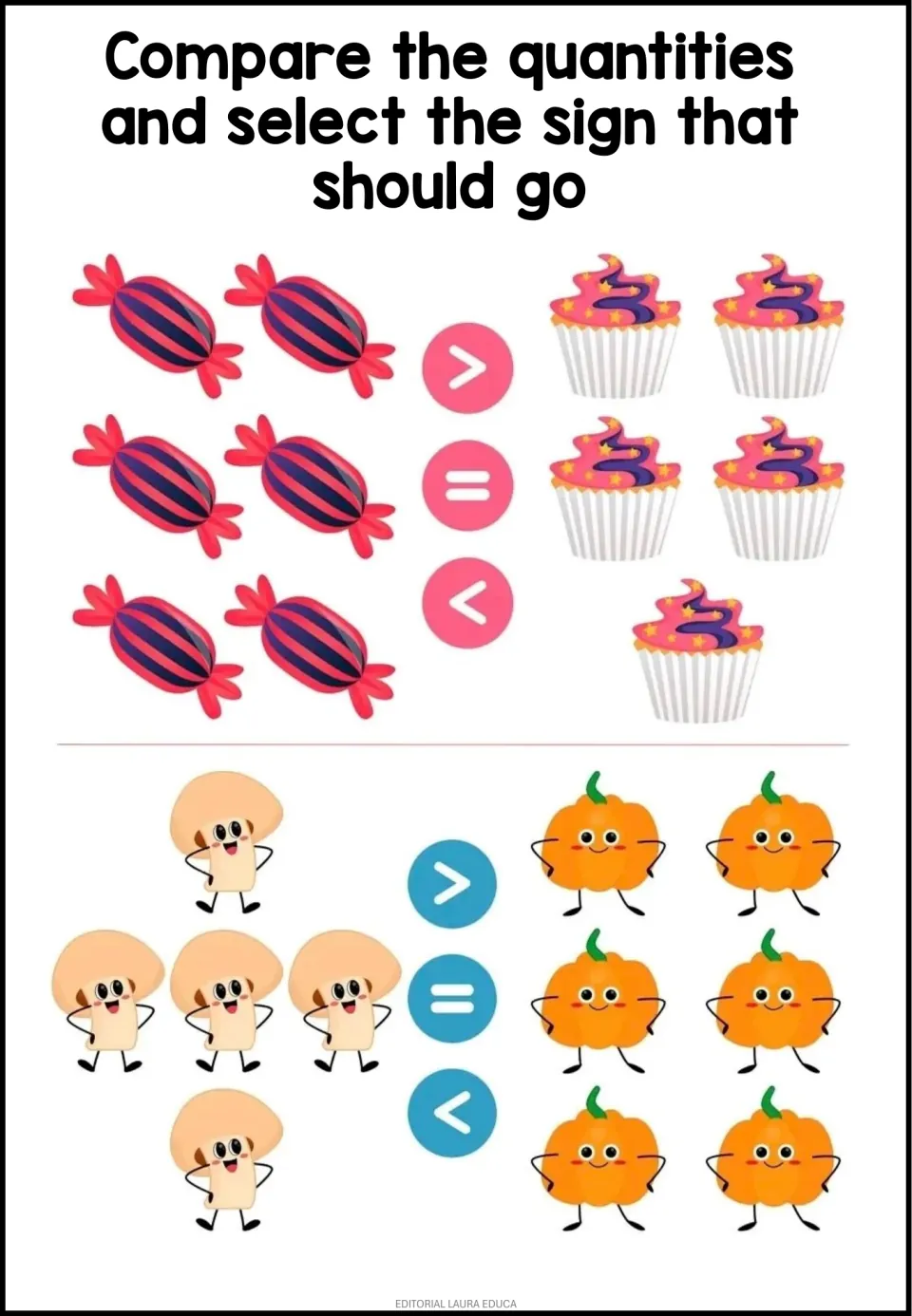 More, fewer or equal: students choose >, = or < for 6 wrapped candies vs 5 cupcakes and 5 mushrooms vs 6 pumpkins