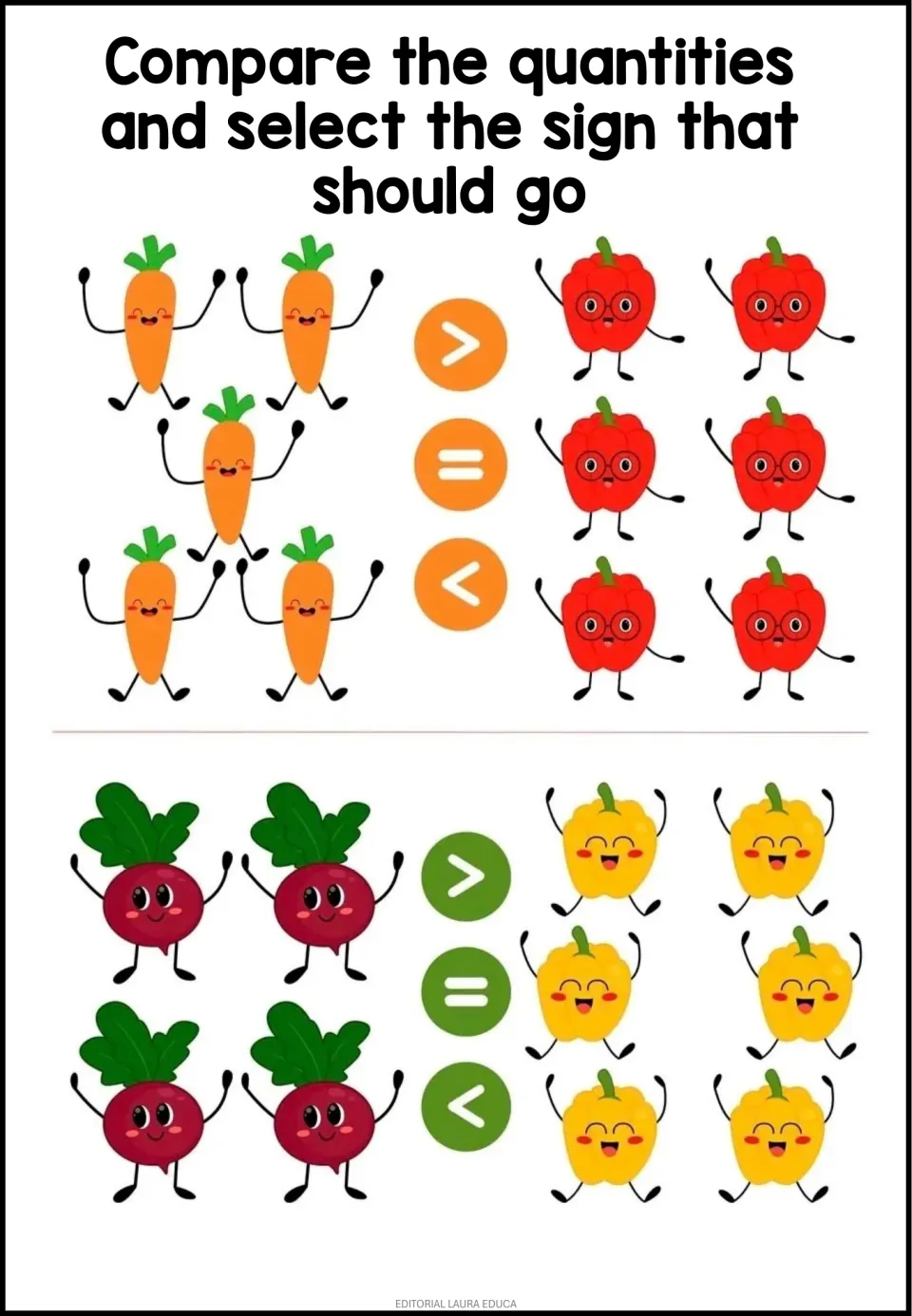 Vegetable comparison: students select >, = or < for 5 carrots vs 6 red peppers and 4 beets vs 6 yellow peppers
