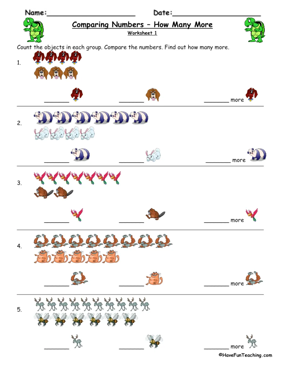 How Many More, Worksheet 1: students count two rows of dogs, pandas, parrots or bees and write how many more one group has
