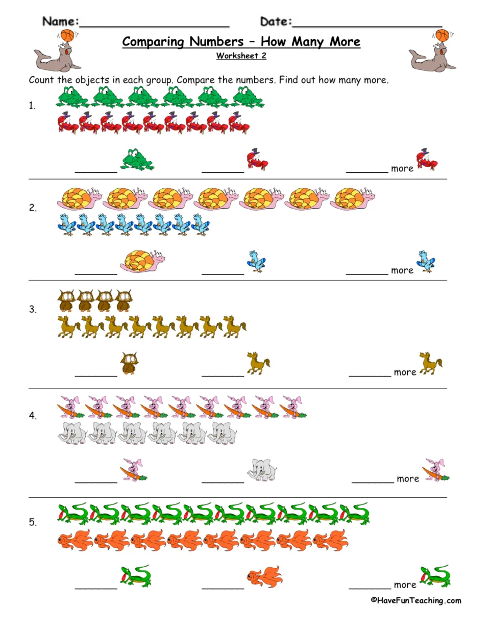 How Many More, Worksheet 2: students count frogs and crabs, snails and birds, lizards and fish, then find the difference