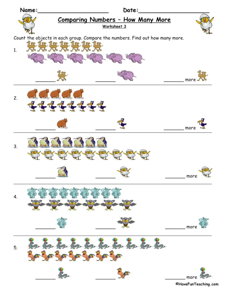 How Many More, Worksheet 3: students count camels and elephants, penguins and chicks, seals and roosters to compare totals