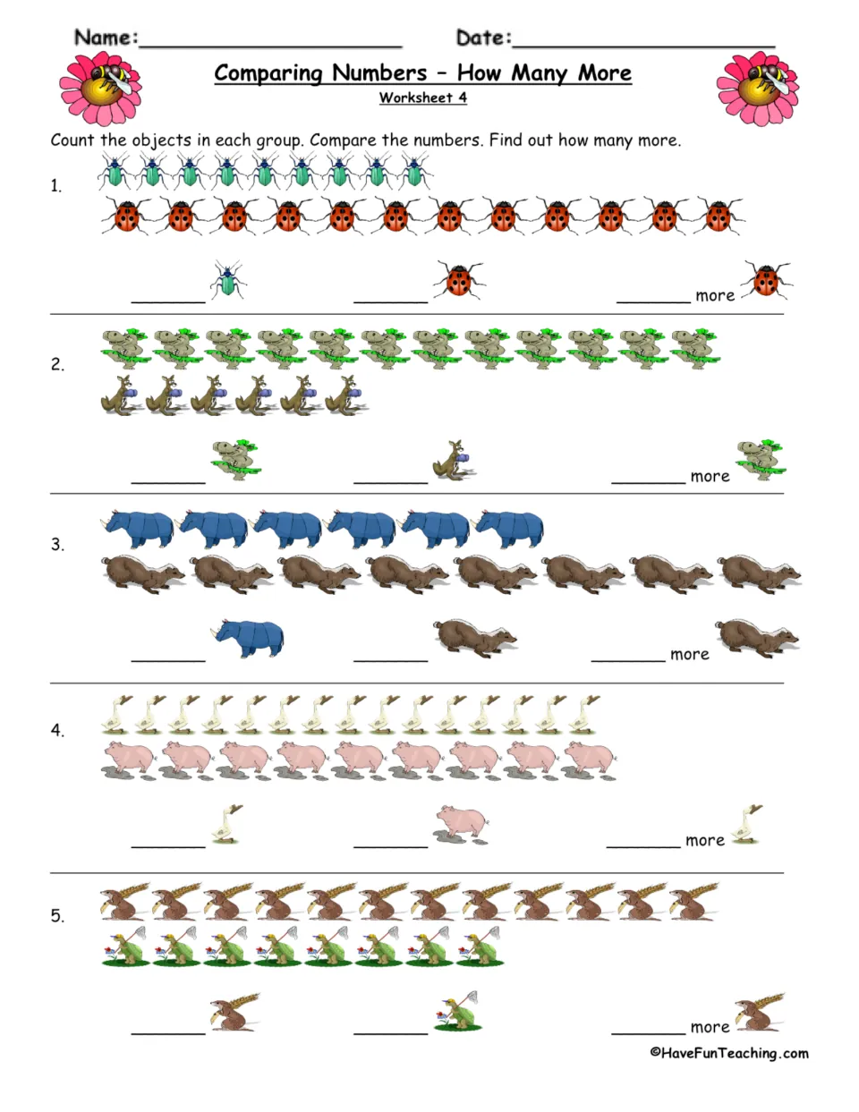 How Many More, Worksheet 4: students count beetles and ladybugs, rhinos and badgers, geese and pigs to find how many more