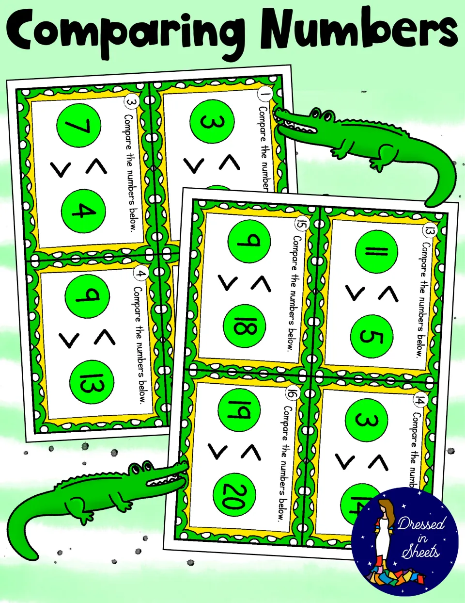 Comparing Numbers cover: sample task cards pairing two green number circles with < and > symbols, plus cartoon crocodiles