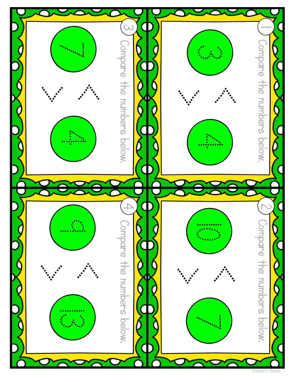 Cards 1-4: students compare 3 and 4, 10 and 7, 7 and 4, and 9 and 13, tracing the dotted < or > sign that fits each pair