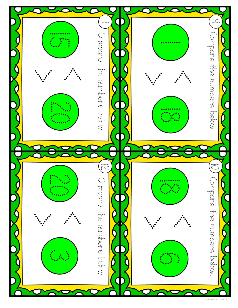 Cards 9-12: number pairs 1 and 18, 18 and 6, 15 and 20, 20 and 3, each with dotted < and > signs to trace the correct one