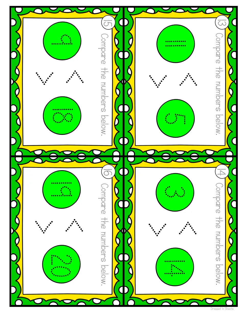 Cards 13-16: learners compare 11 with 5, 3 with 14, 9 with 18 and 19 with 20 using greater-than and less-than symbols