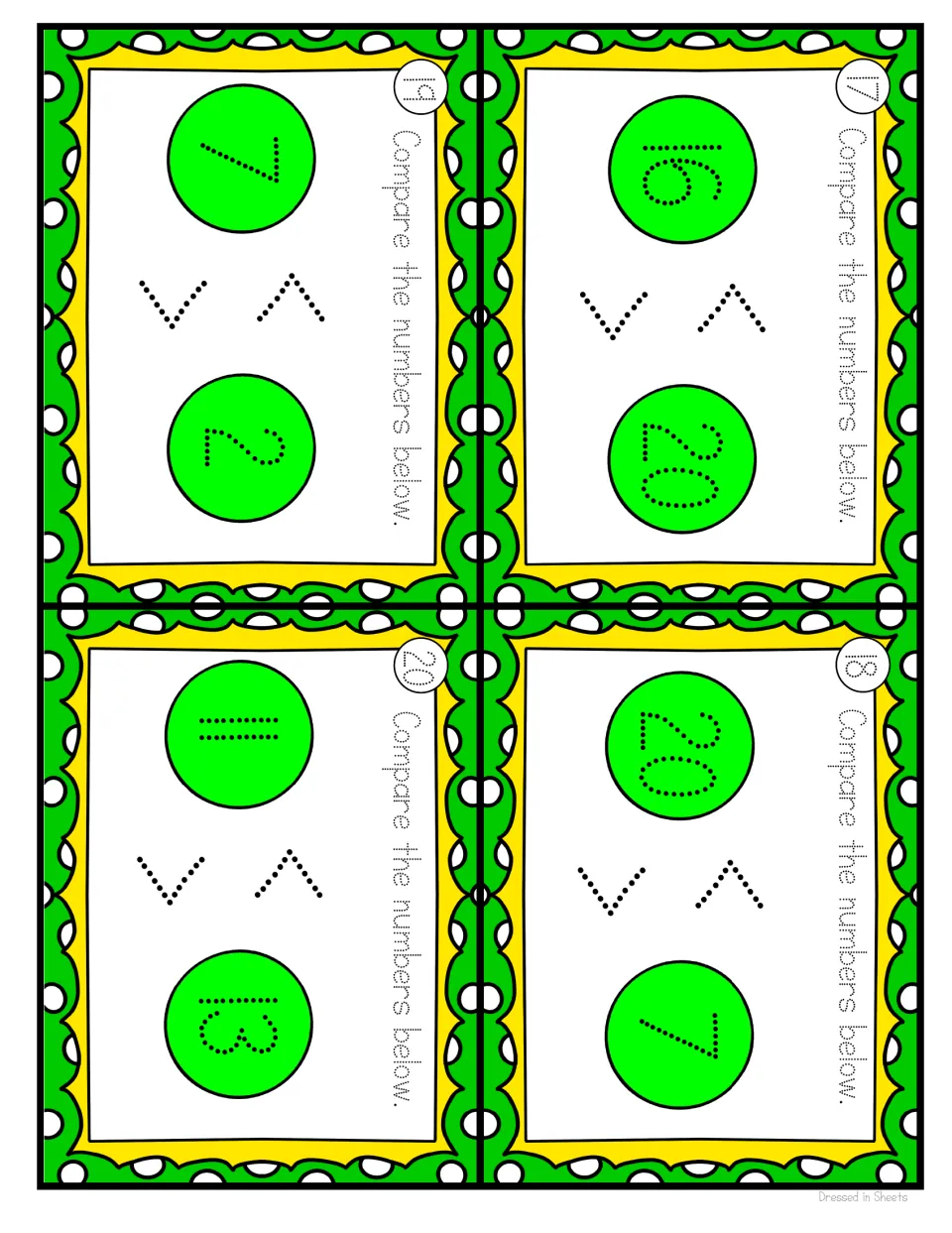 Cards 17-20: pick the inequality sign for 16 and 20, 20 and 7, 7 and 2, and 11 and 13, with traceable dotted numerals