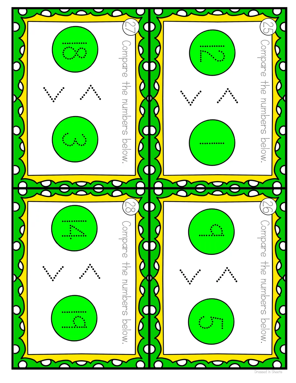 Cards 25-28: comparing 12 and 1, 9 and 5, 18 and 3, and 14 and 19 by selecting greater than or less than for each pair