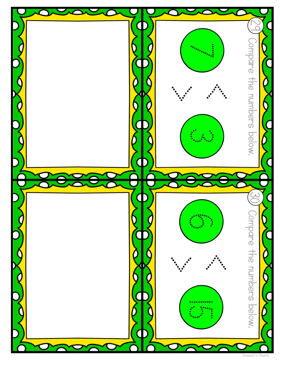 Final cards 29 and 30: students compare 7 with 3 and 6 with 15 and mark the correct sign; two blank cards fill the sheet