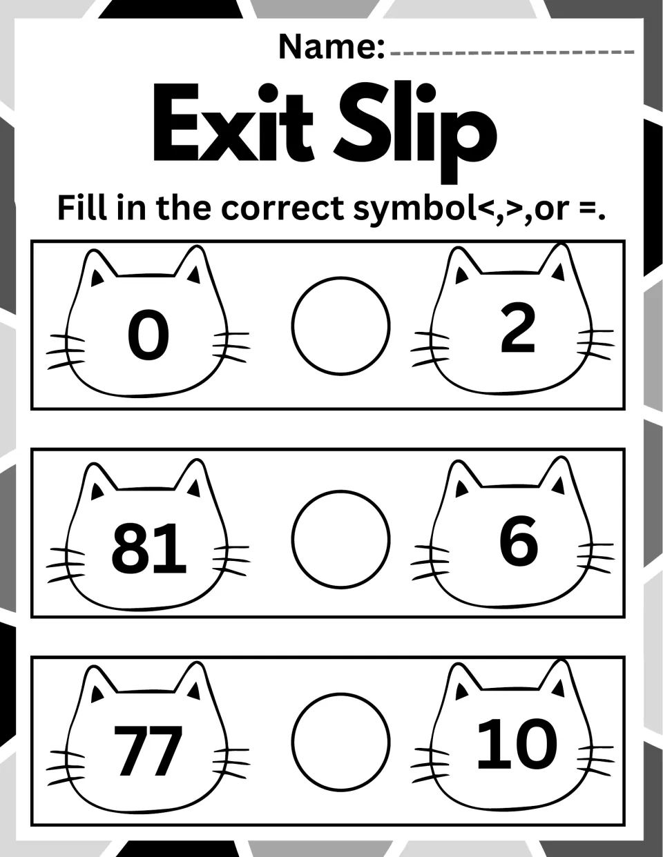 Exit slip comparing numbers with symbols: students fill in <, > or = between cat faces for 0 and 2, 81 and 6, 77 and 10