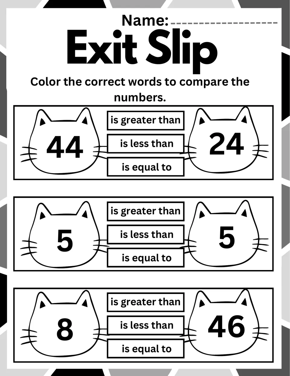 Exit slip on comparing numbers with words: students color the correct phrase for 44 and 24, 5 and 5, 8 and 46