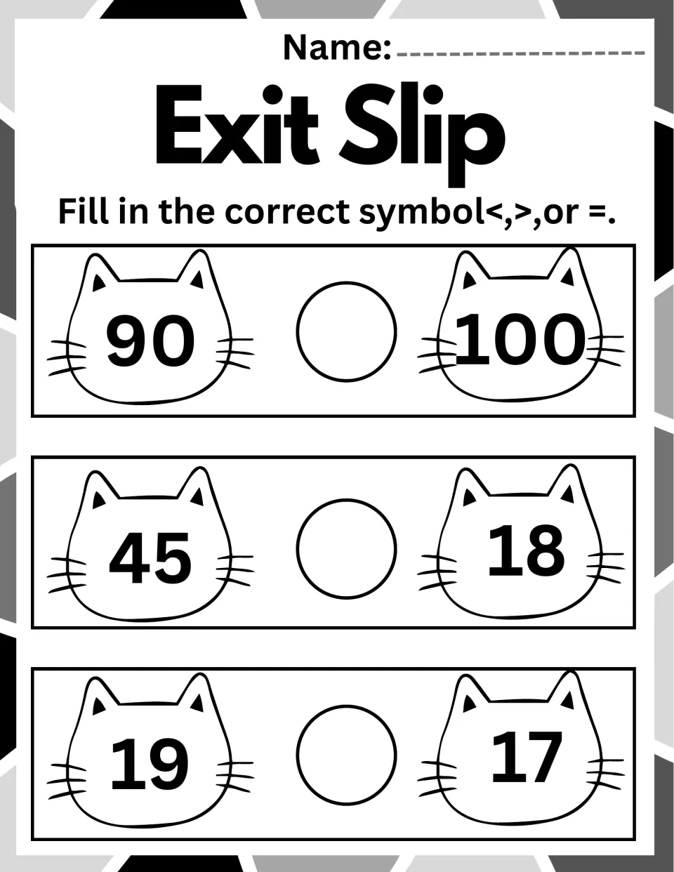 Exit slip comparing numbers up to 100: students fill in <, > or = for cat-face pairs 90 and 100, 45 and 18, 19 and 17