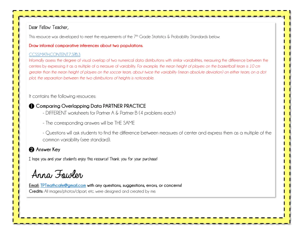 Teacher introduction to overlapping data practice, outlining standard 7.SP.B.3 and matching partner answers