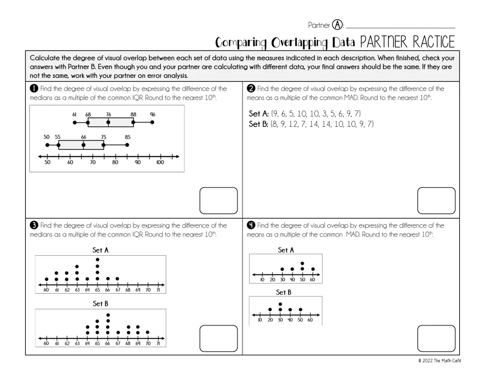 Partner A practice: four overlapping data problems using box plots, dot plots, and numerical data sets