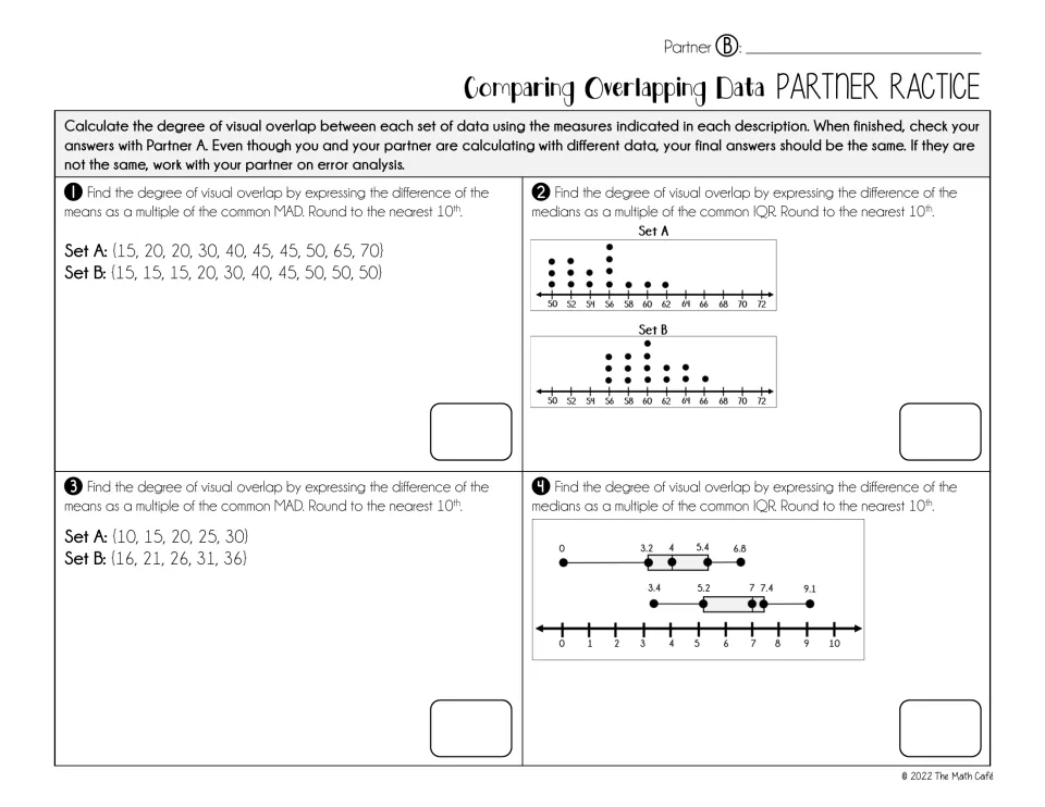 Partner B practice: four problems expressing differences in means or medians as multiples of MAD or IQR