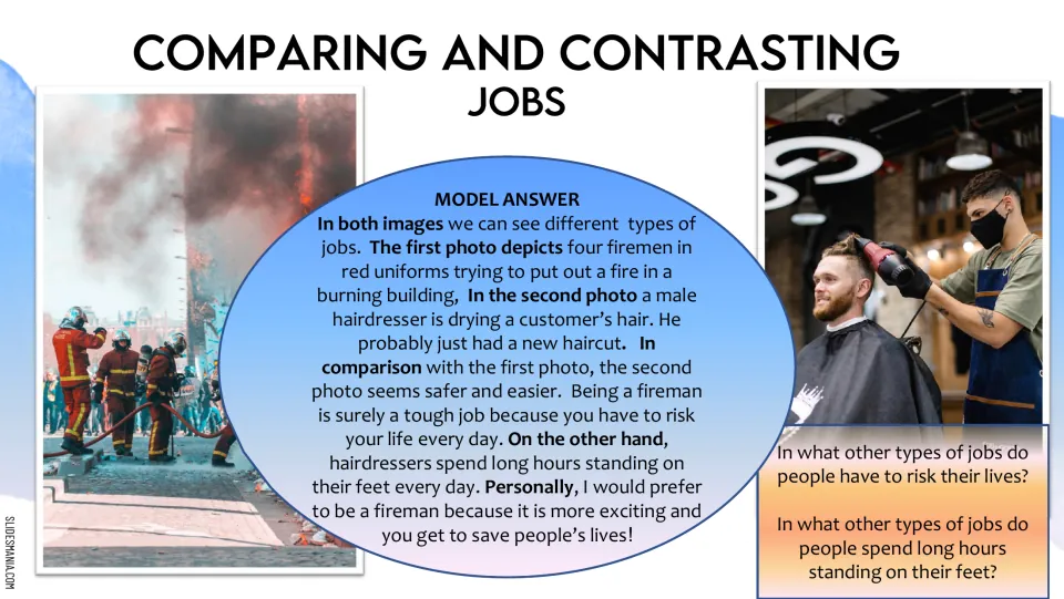 Comparing jobs model answer: a firefighter and hairdresser photo comparison, plus two follow-up discussion questions