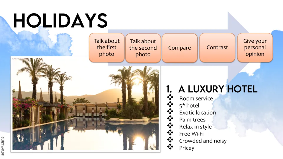 Holidays speaking task: students describe a luxury hotel photo using prompts like room service, palm trees and pricey
