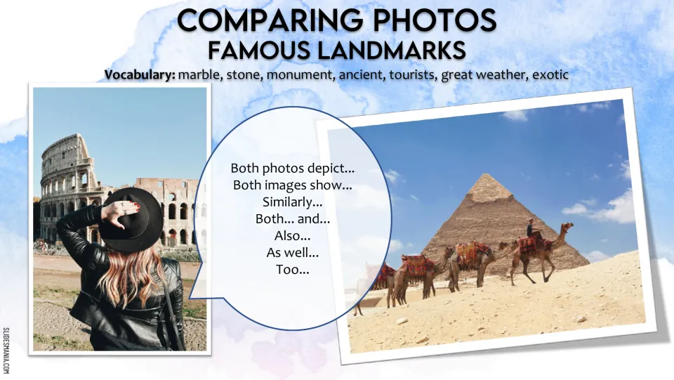 Famous landmarks: students compare Colosseum and pyramid photos using similarity phrases and words like ancient, marble