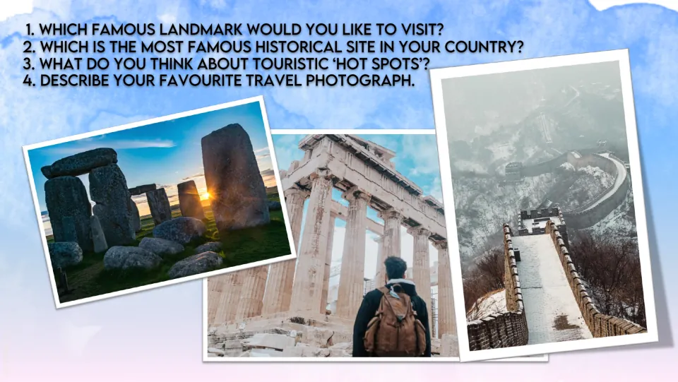Travel discussion questions on landmarks and hot spots, shown with Stonehenge, Parthenon and Great Wall photos