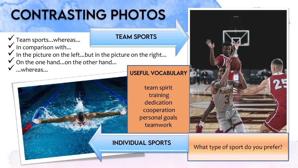 Contrasting team and individual sports: basketball versus swimming photos with contrast phrases and teamwork vocabulary