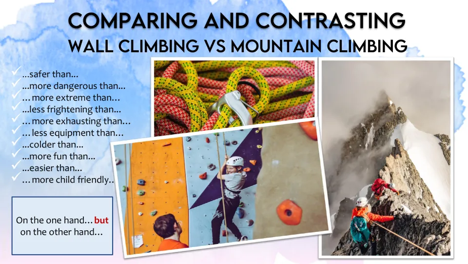 Wall climbing vs mountain climbing: students contrast the photos using comparatives like safer than and more extreme than