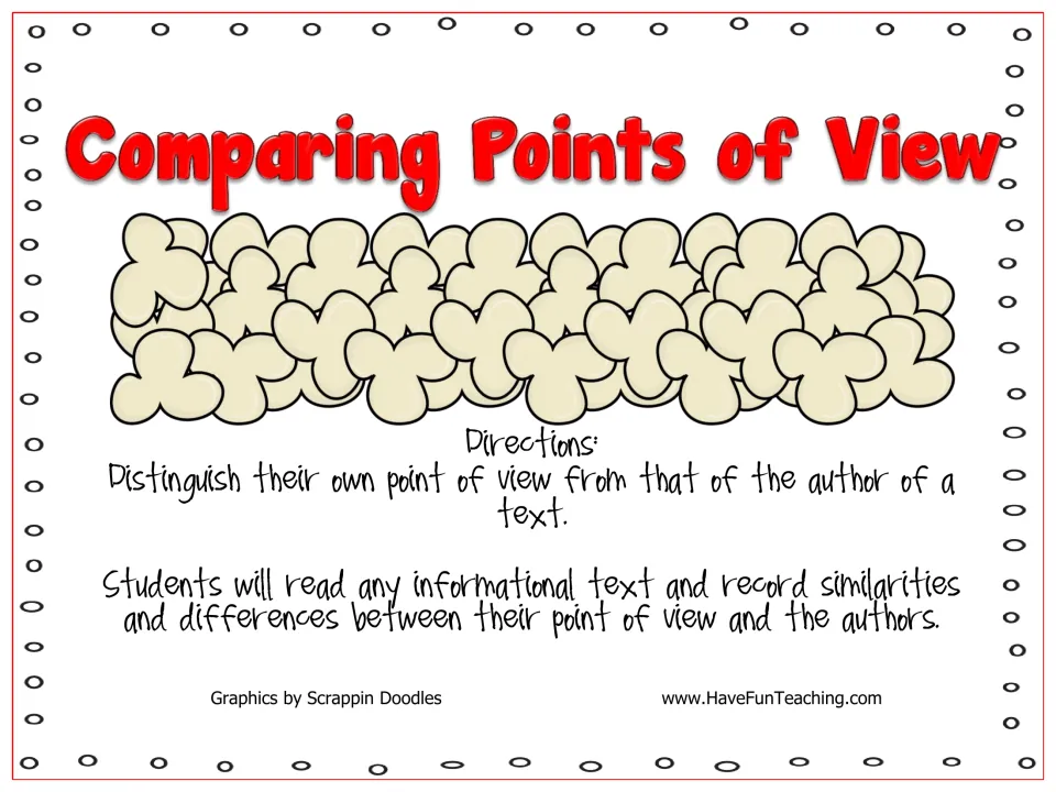 Comparing Points of View title page with popcorn art and directions to read an informational text and contrast views