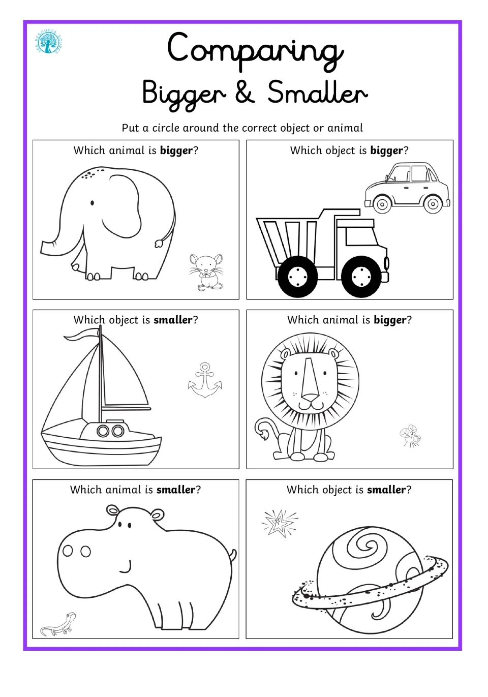 Bigger and smaller: students circle the bigger or smaller one in 6 pairs, such as elephant and mouse or truck and car
